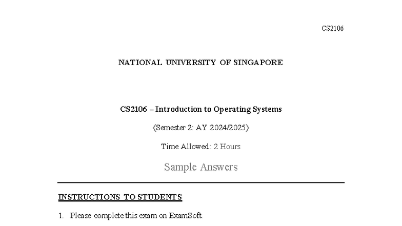 CS2106 Final Exam Sample Questions on Operating Systems - Studocu