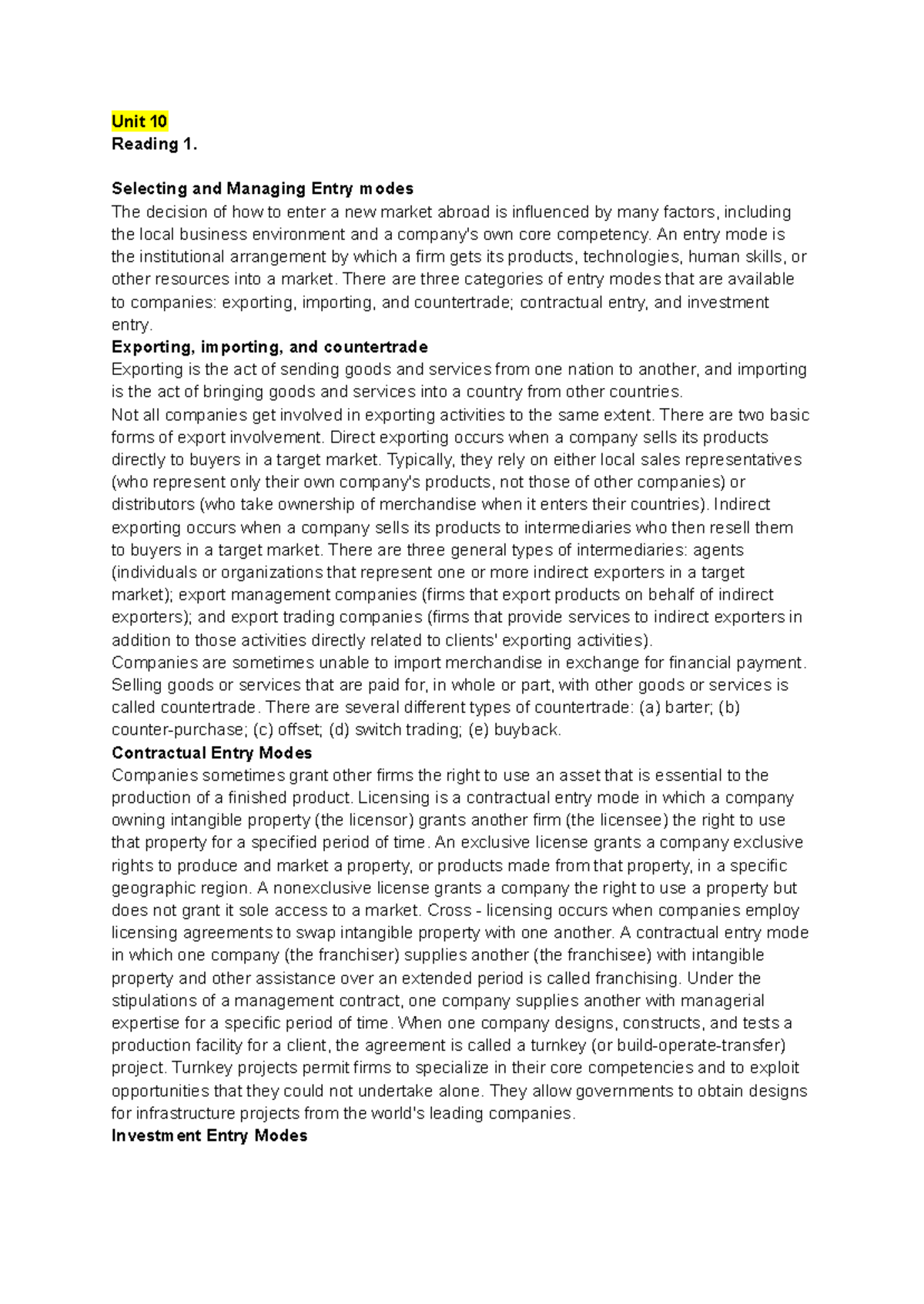 Unit 10 Reading 1: Entry Modes and Market Strategies in International ...