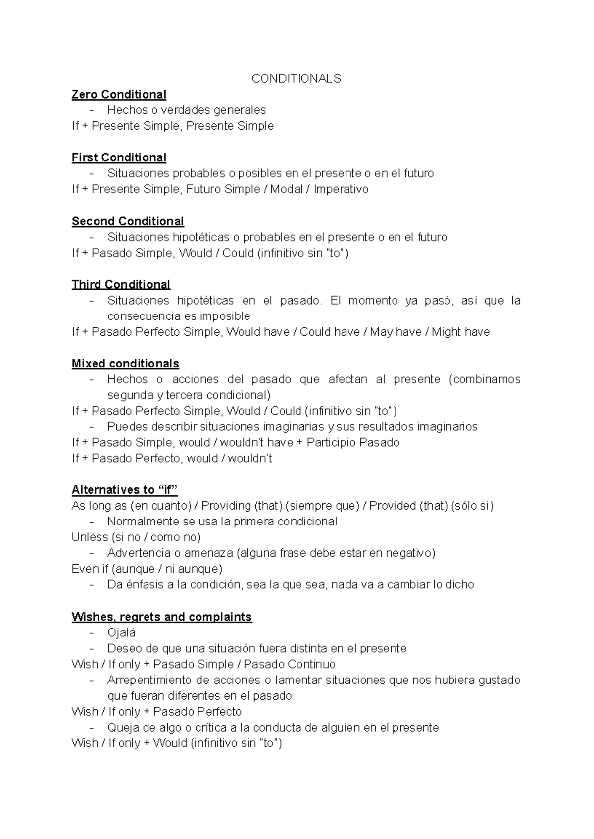 Examen Inglés - Resúmenes - CONDITIONALS Zero Conditional - Hechos o ...