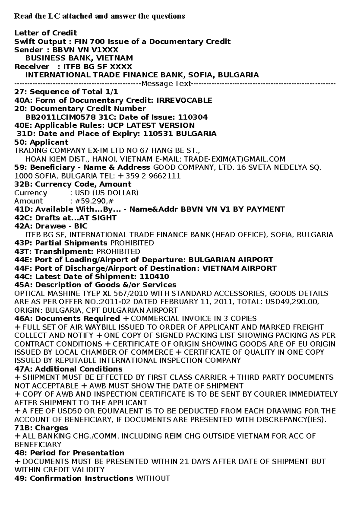 Final Exam Questions on Letter of Credit - FIN 700 - Studocu