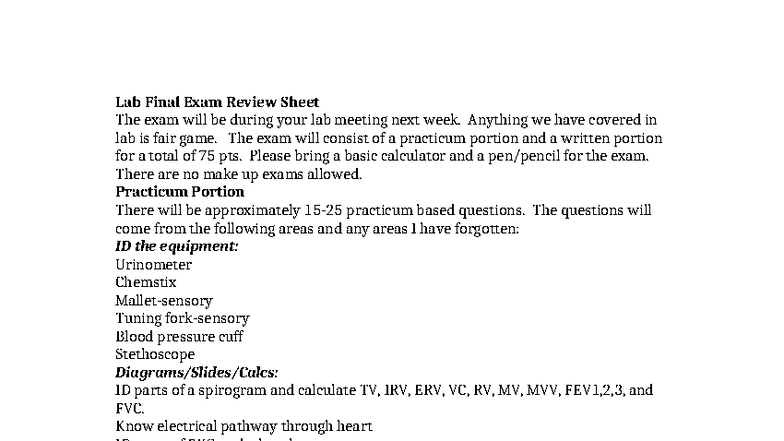 261 Lab Final Exam Review Sheet - Key Topics & Tips - Studocu