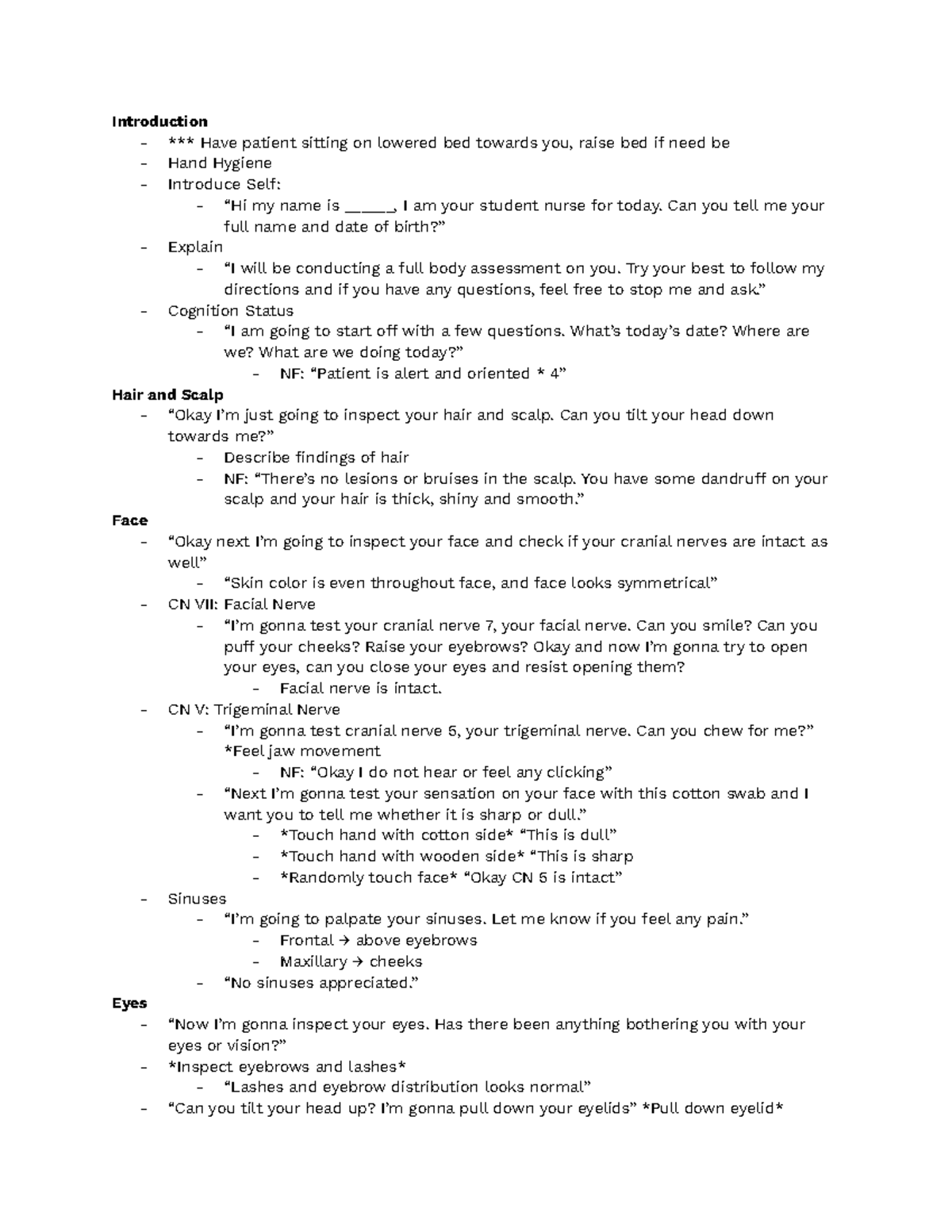 Comprehensive Head to Toe Assessment Script for Nursing Students - Studocu