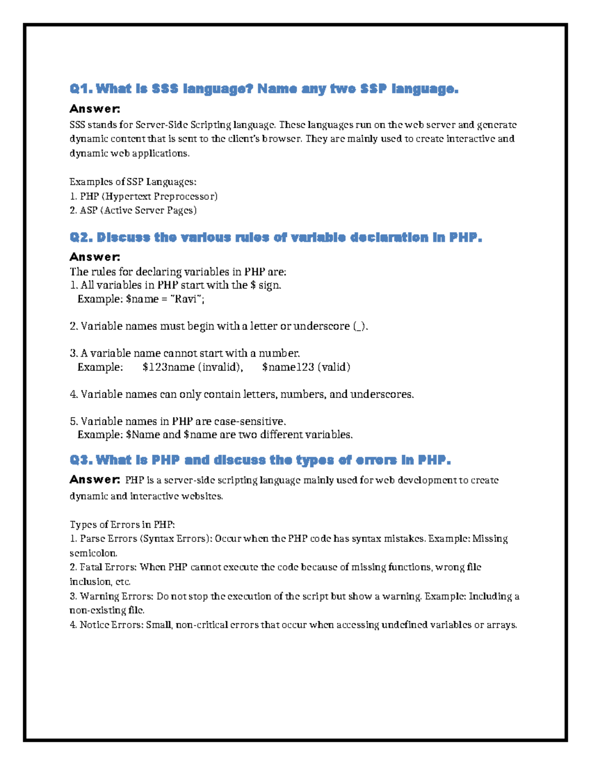 PHP Assignment Notes: Language, Variables, Errors & Programs - Studocu