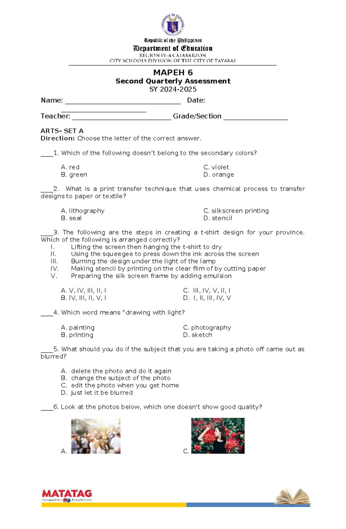 MAPEH 6 Second Quarterly Assessment Test Paper 2026 - Studocu