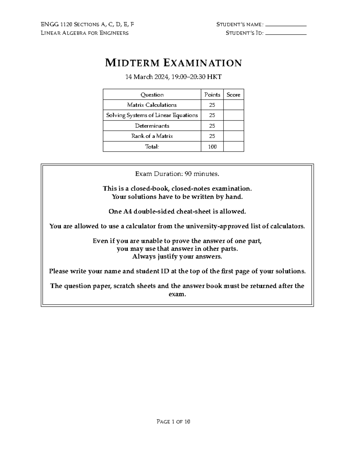 ENGG1120 Midterm Exam Review - Spring 2024 (Linear Algebra) - Studocu