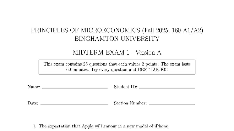 Midterm Exam 1 - Principles of Microeconomics (ECON-160-A 2) Version A ...
