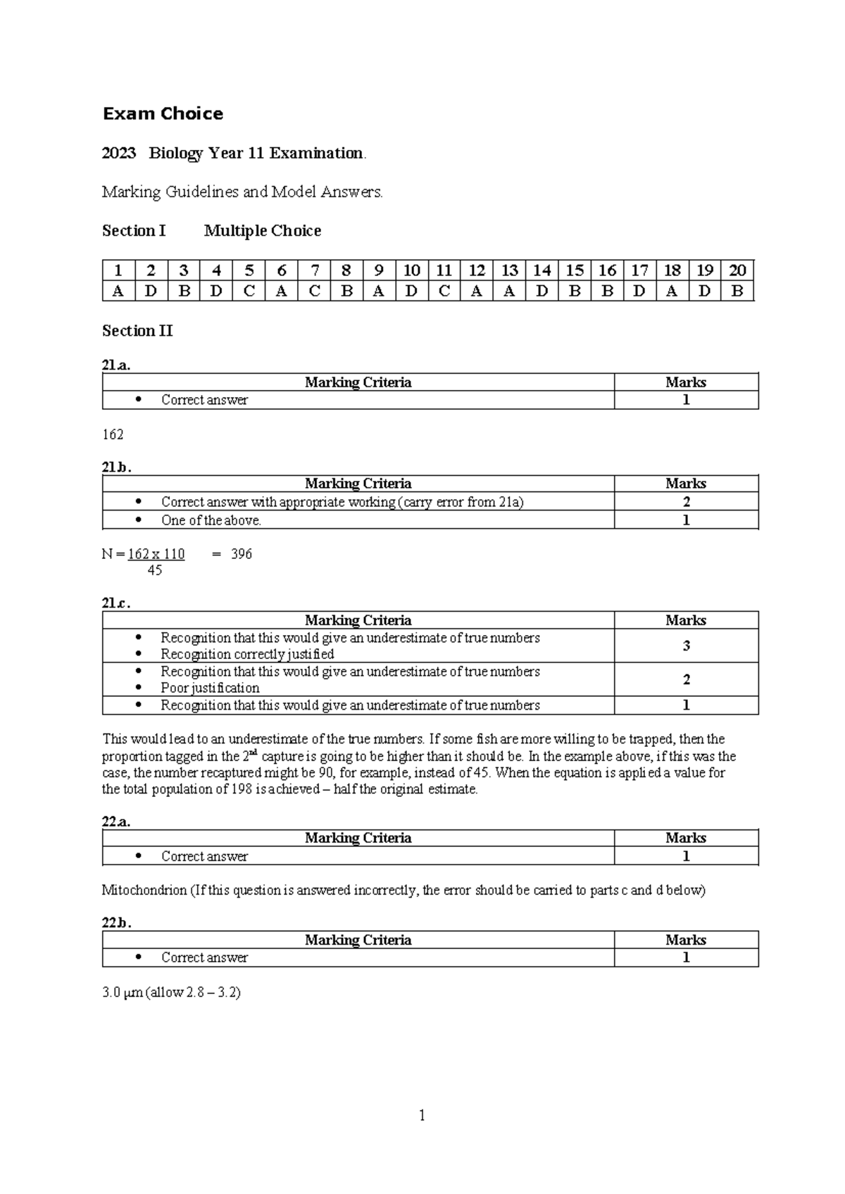 Marking Guidelines and Model Answers for Biology Year 11 Exam 2023 ...