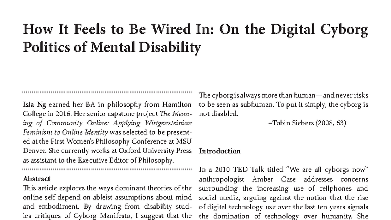 Ng: Digital Cyborg Politics and Mental Disability Analysis - Studocu