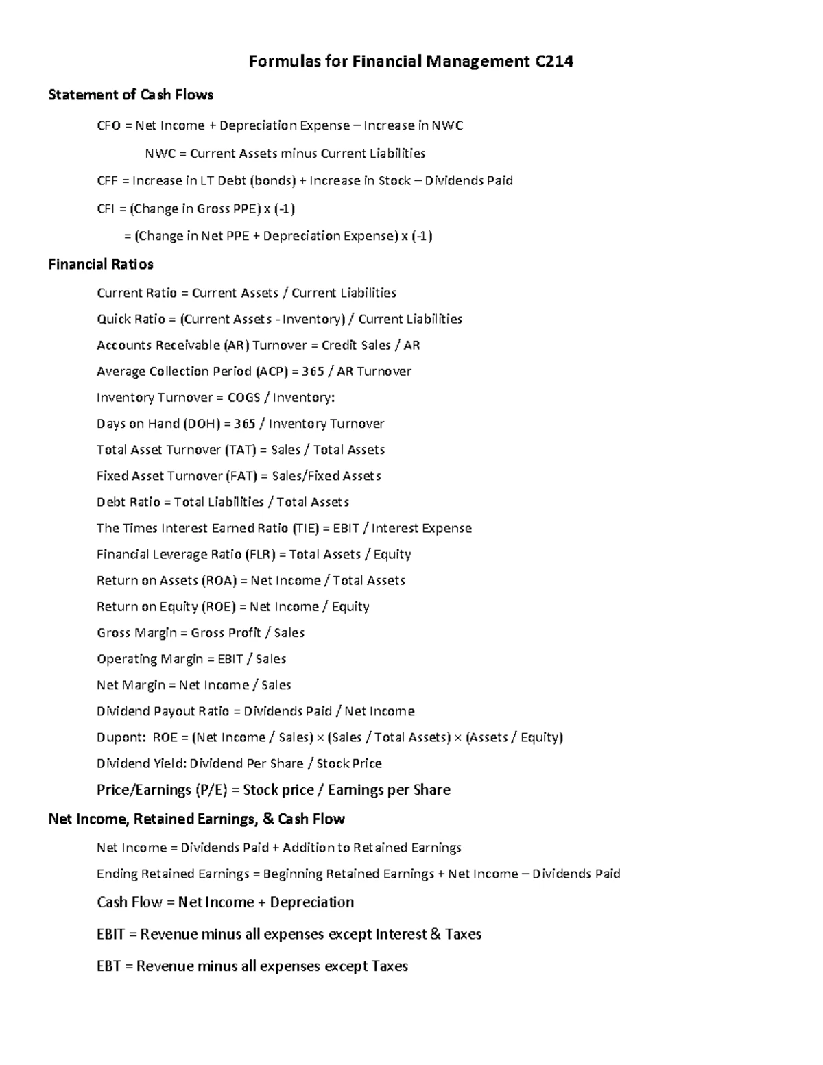 Financial Formulas Cheat Sheet for Quick Reference (FIN301) - Studocu