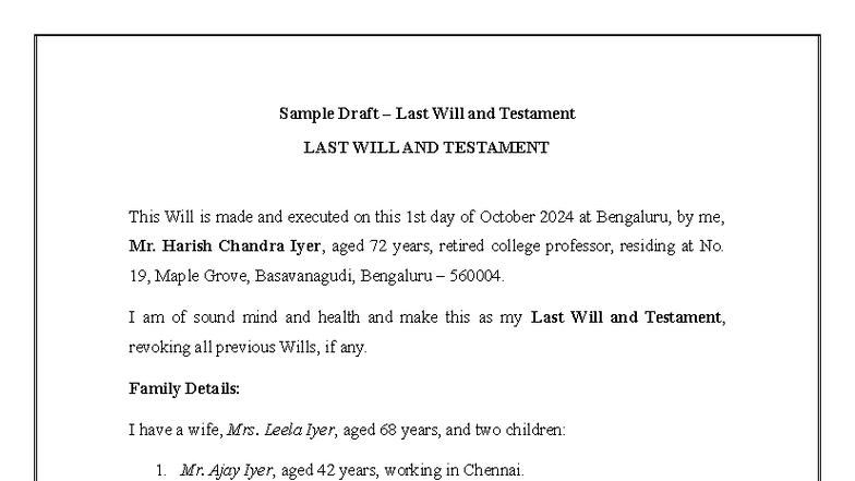 Sample Draft Last Will and Testament - October 2024 - Studocu
