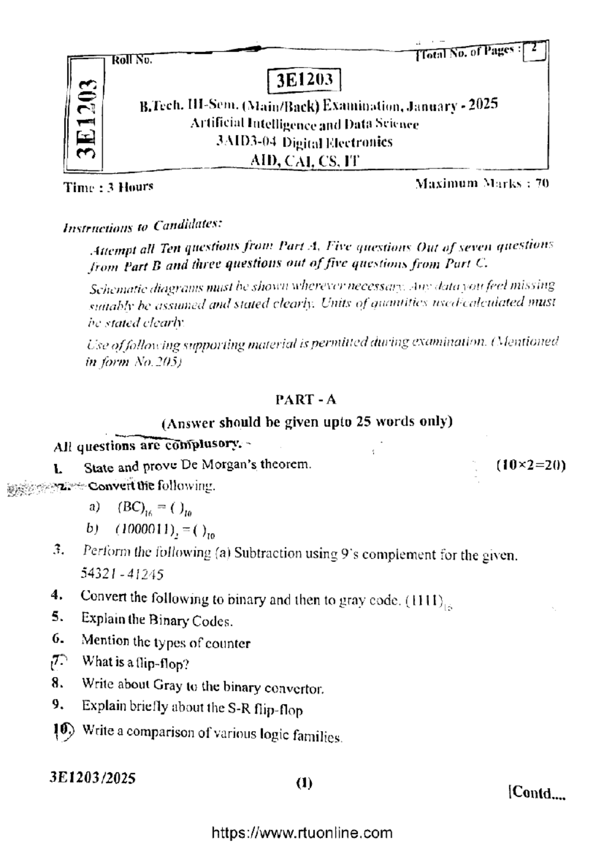 B.Tech CS IT 3 Sem Digital Electronics Exam 3E1203 Jan 2025 - Studocu