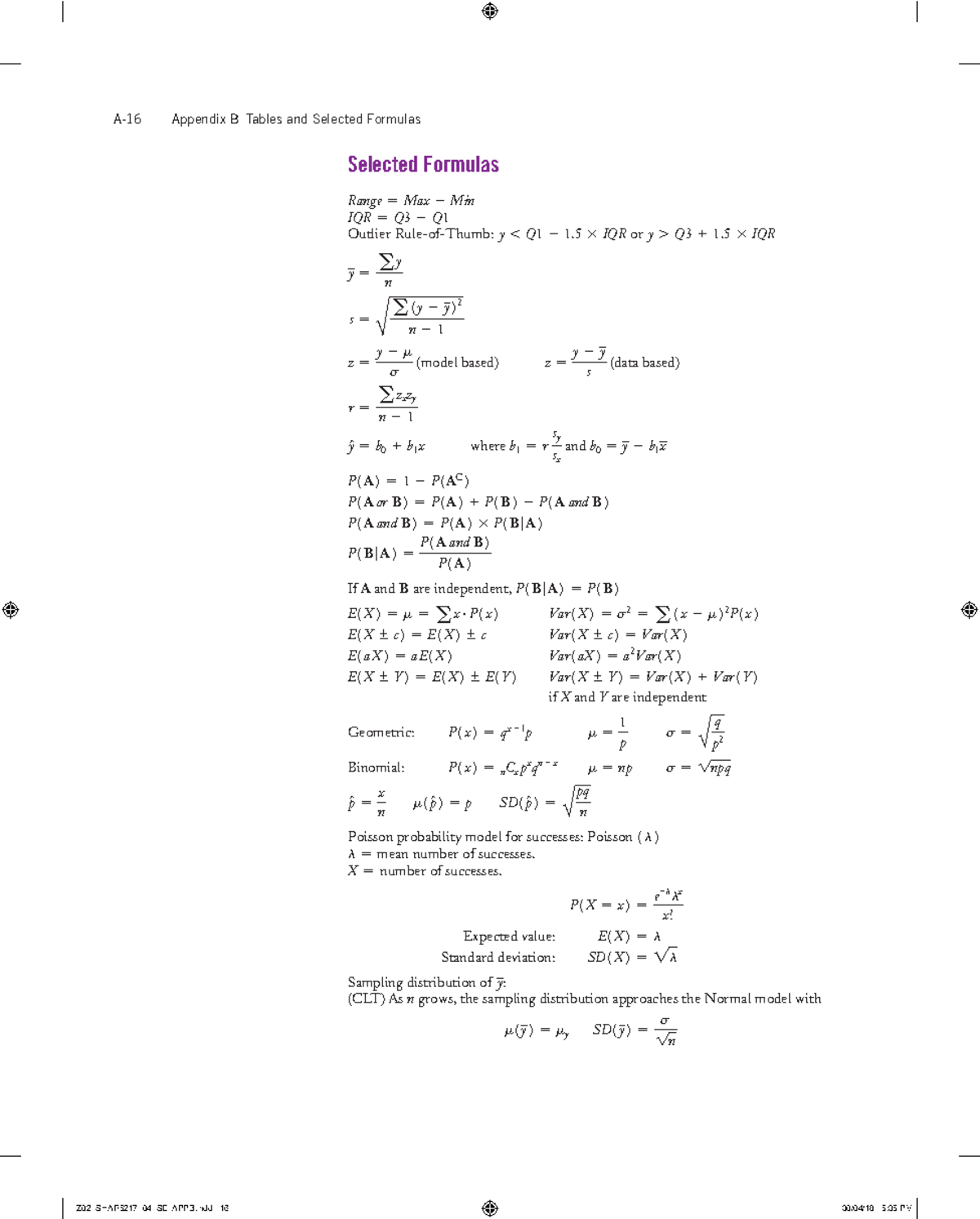 Stats Formulas Tables - A-16 Appendix B Tables and Selected Formulas ...