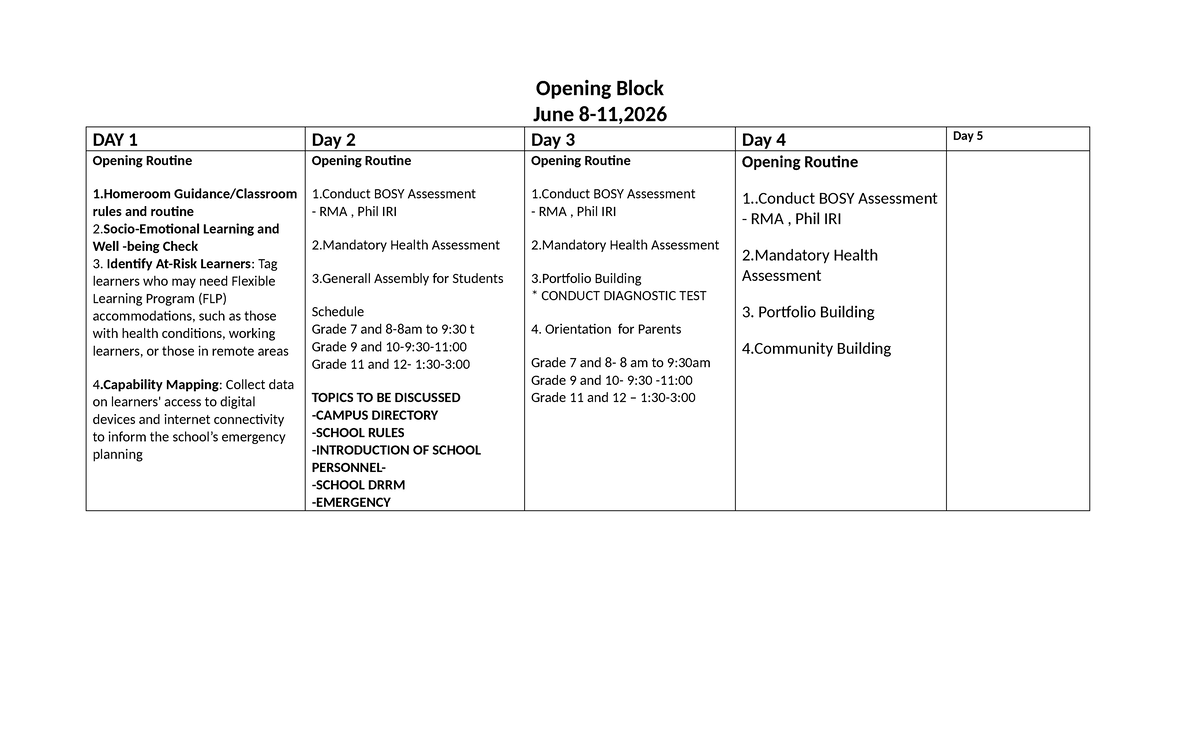 Senior High School Opening Block Schedule: Day 1 to Day 5 - Studocu