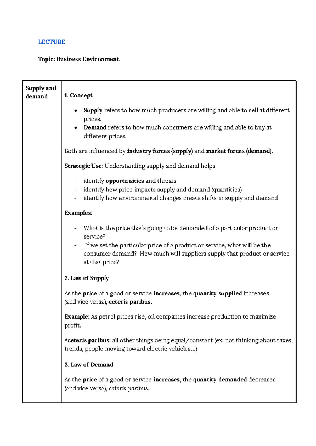 BSB106 - Lecture Notes on Business Environment: Supply and Demand ...