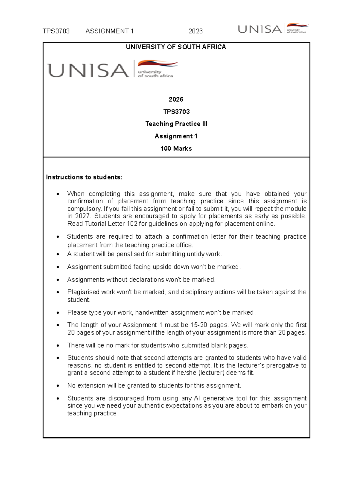TPS3703 Teaching Practice Assignment 1 Guidelines 2026 - Studocu