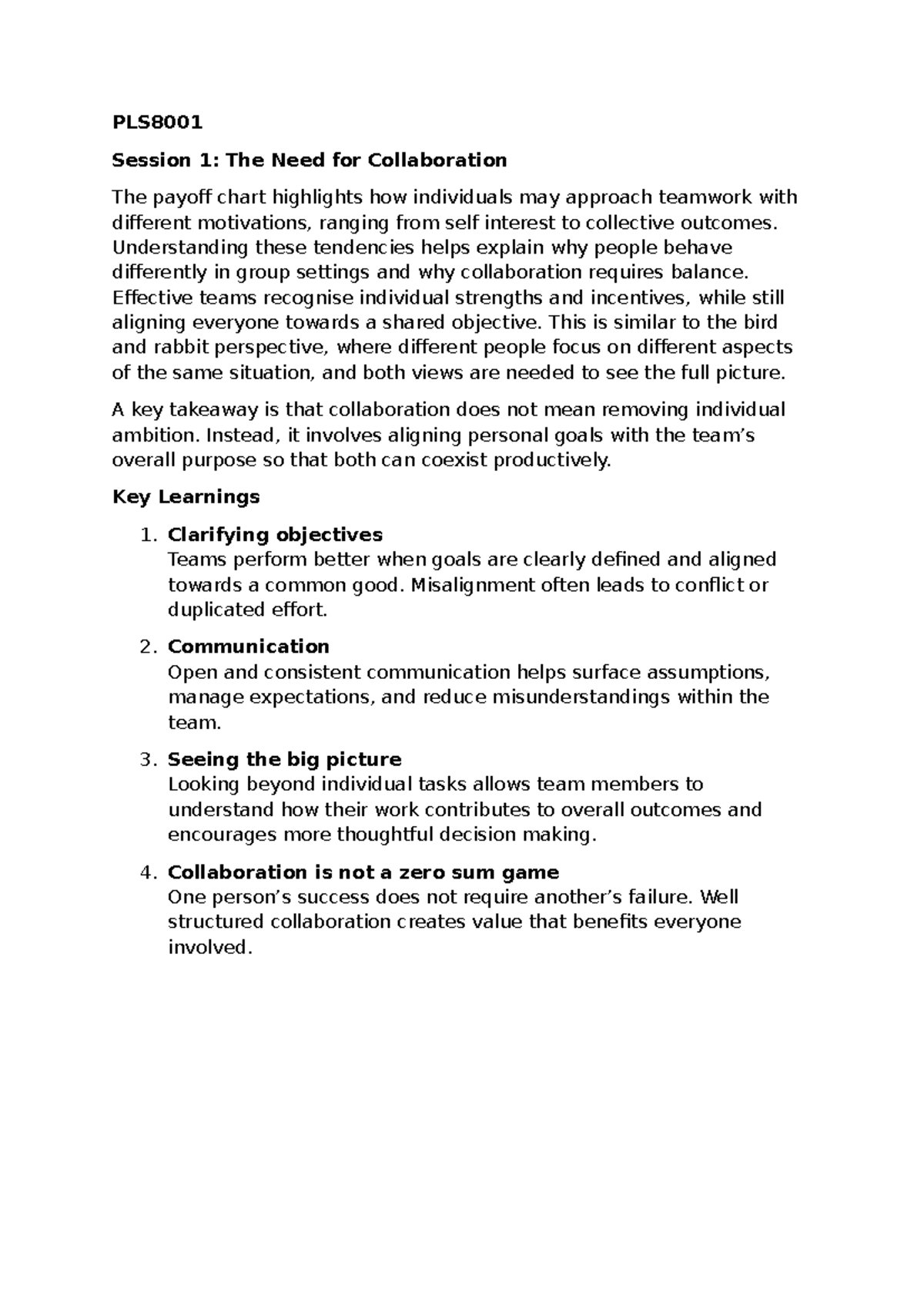 PLS8001 Session 1: Understanding Team Collaboration Dynamics - Studocu