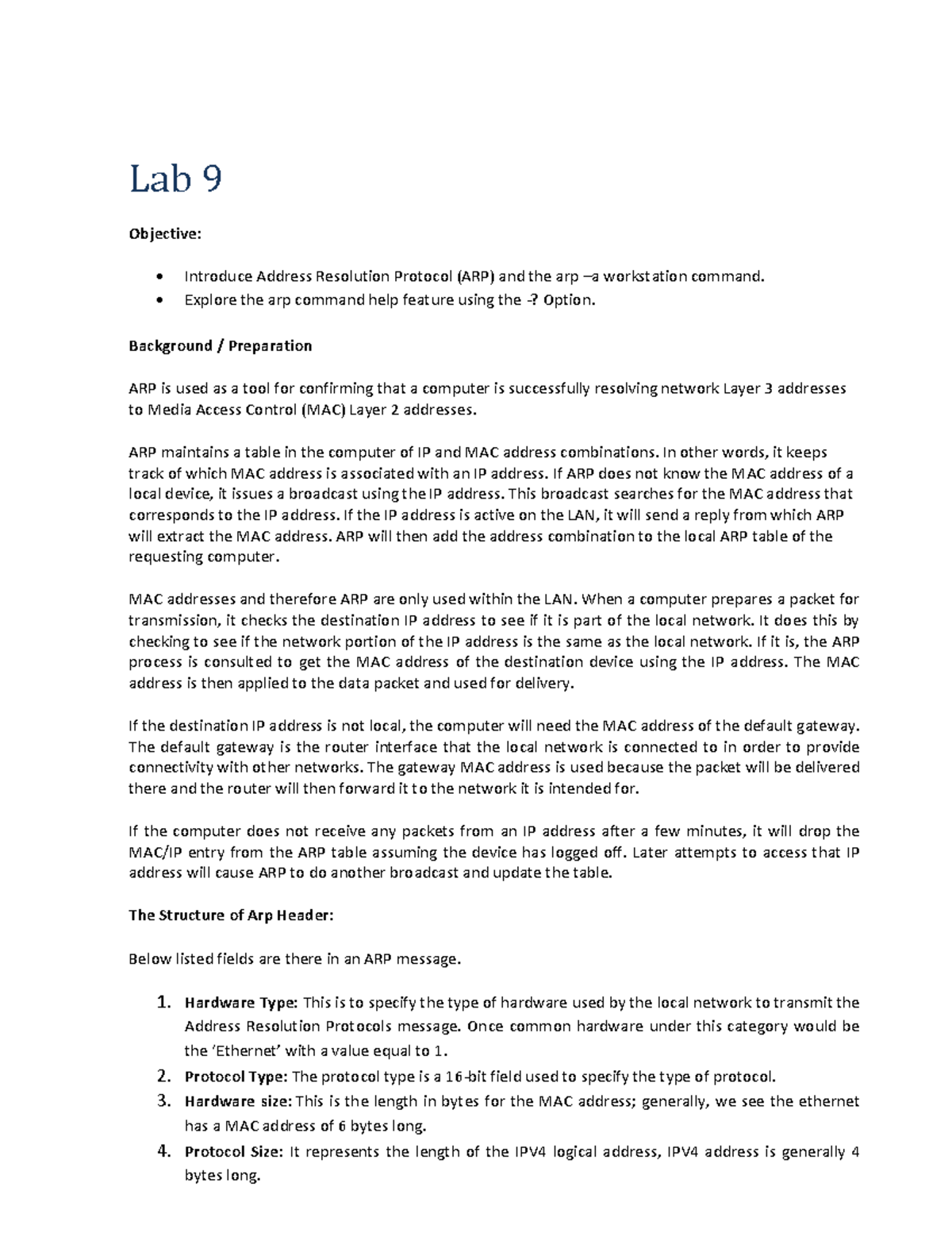 Lab No. 9: Understanding Address Resolution Protocol (ARP) - Studocu