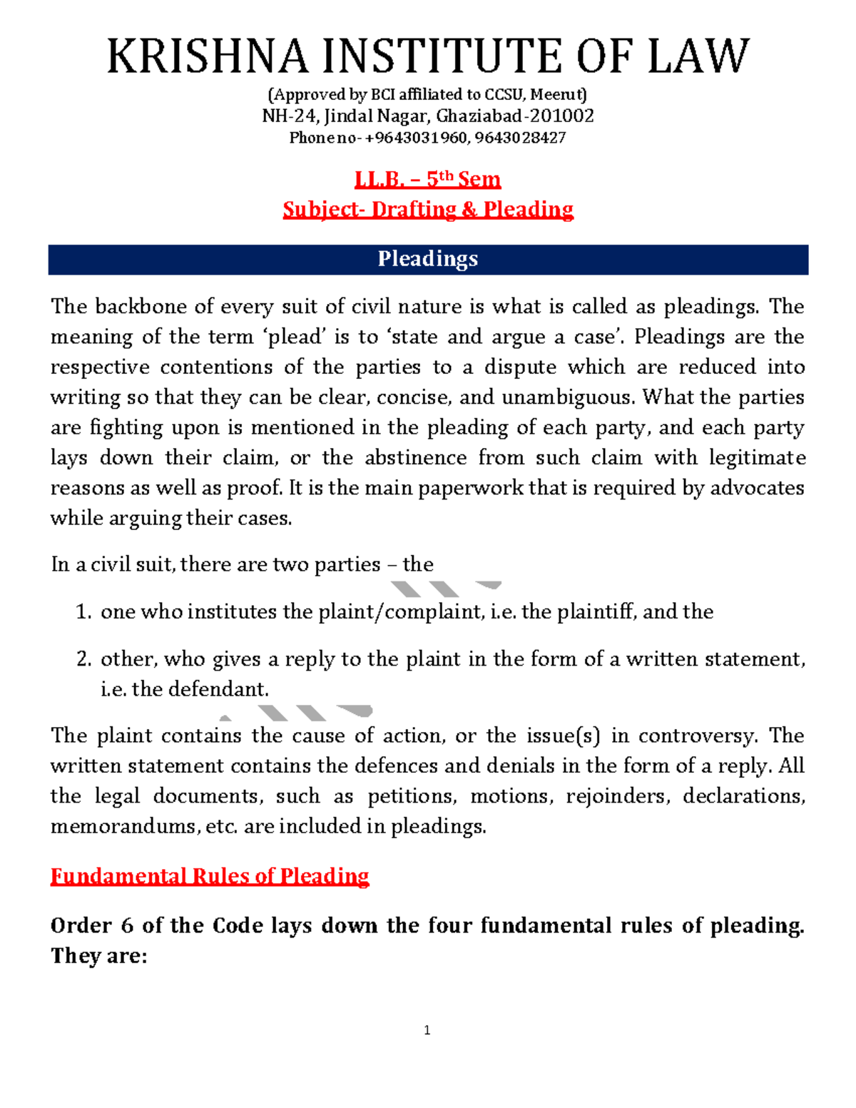 LL.B. 5th Sem - Drafting & Pleading Notes for Practical Application ...