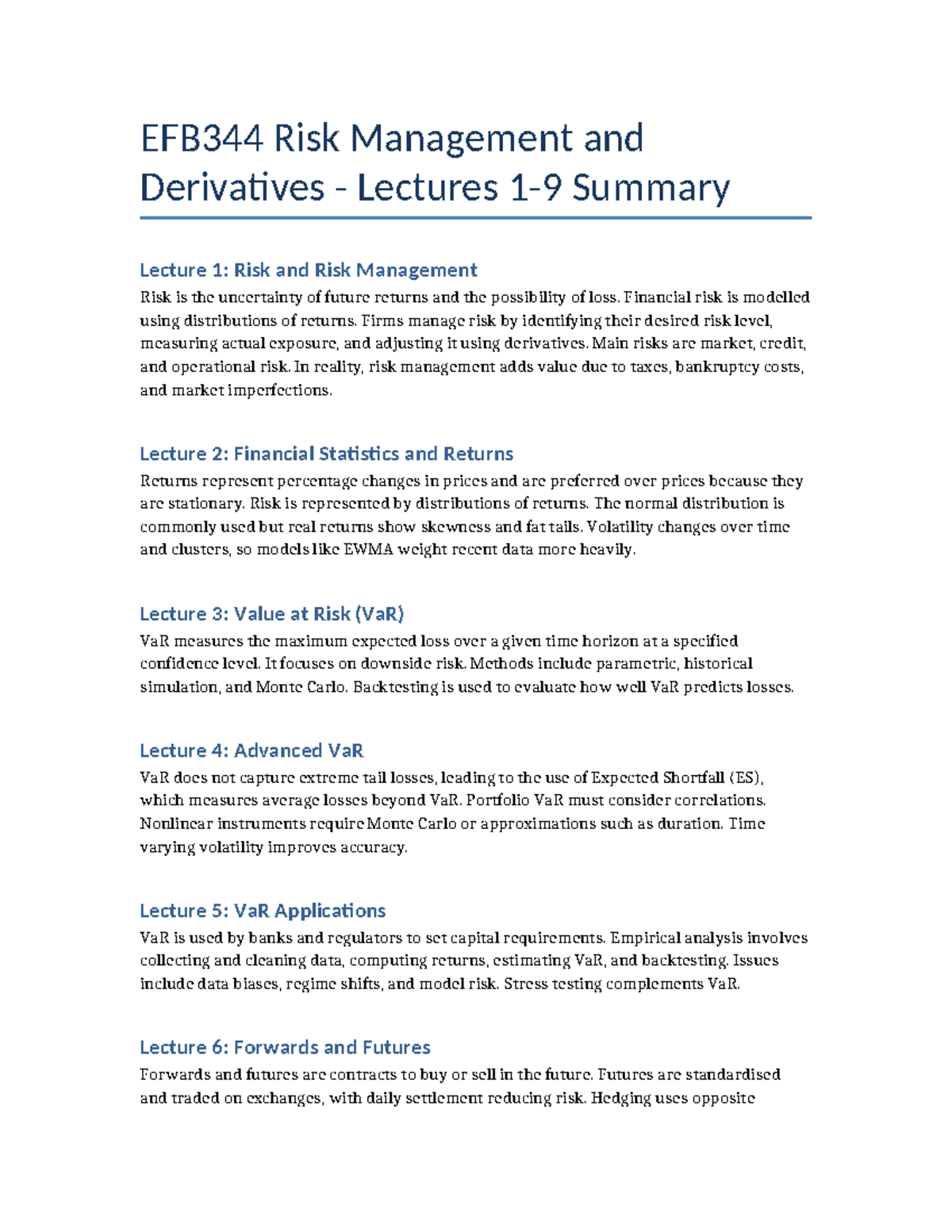 EFB344 Final Lecture Summaries on Risk Management and Derivatives - Studocu