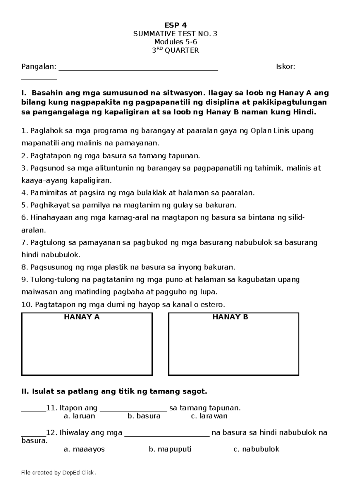 ESP 4 SUMMATIVE TEST NO. 3 - 3RD QUARTER Environmental Care - Studocu