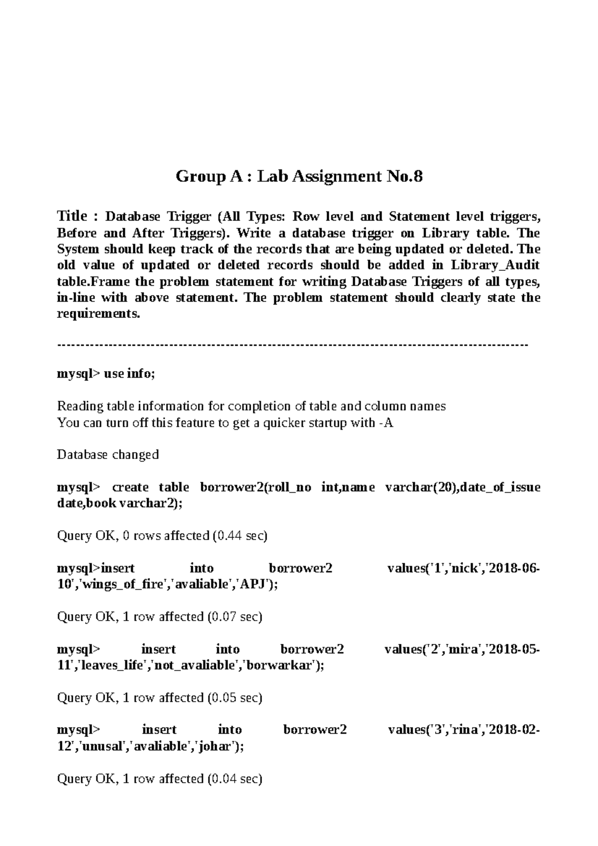 Db8: Lab Assignment 8 - Database Triggers for Library Table - Studocu