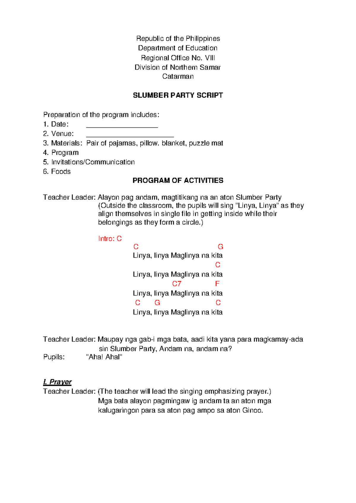 SLUMBER PARTY SCRIPT Activities and Songs with Chords Guide - Studocu