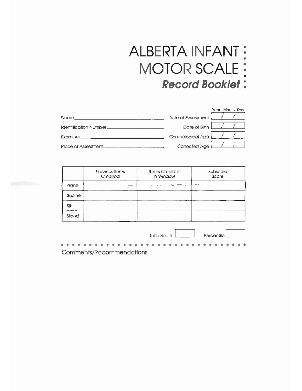 Alberta Infant Motor Scale Record Booklet: Assessment Scores & Comments ...
