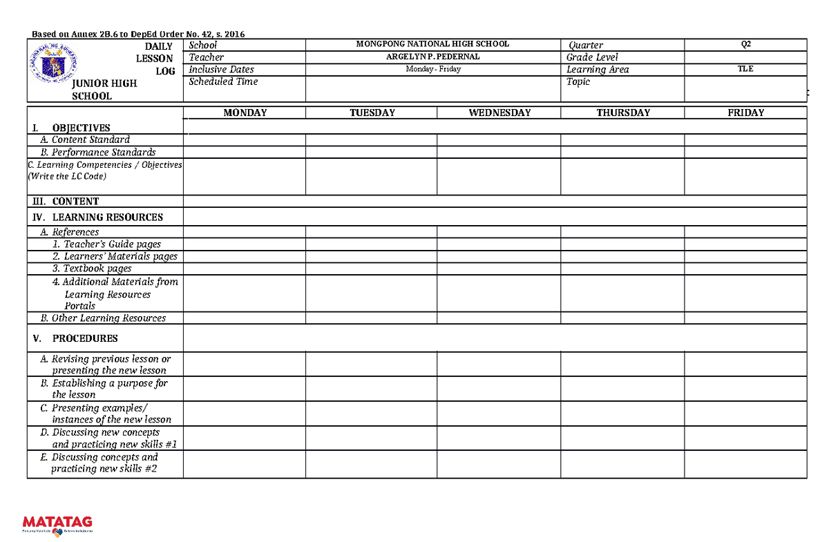 Daily lesson log dll template - Based on Annex 2B to DepEd Order No. 42 ...
