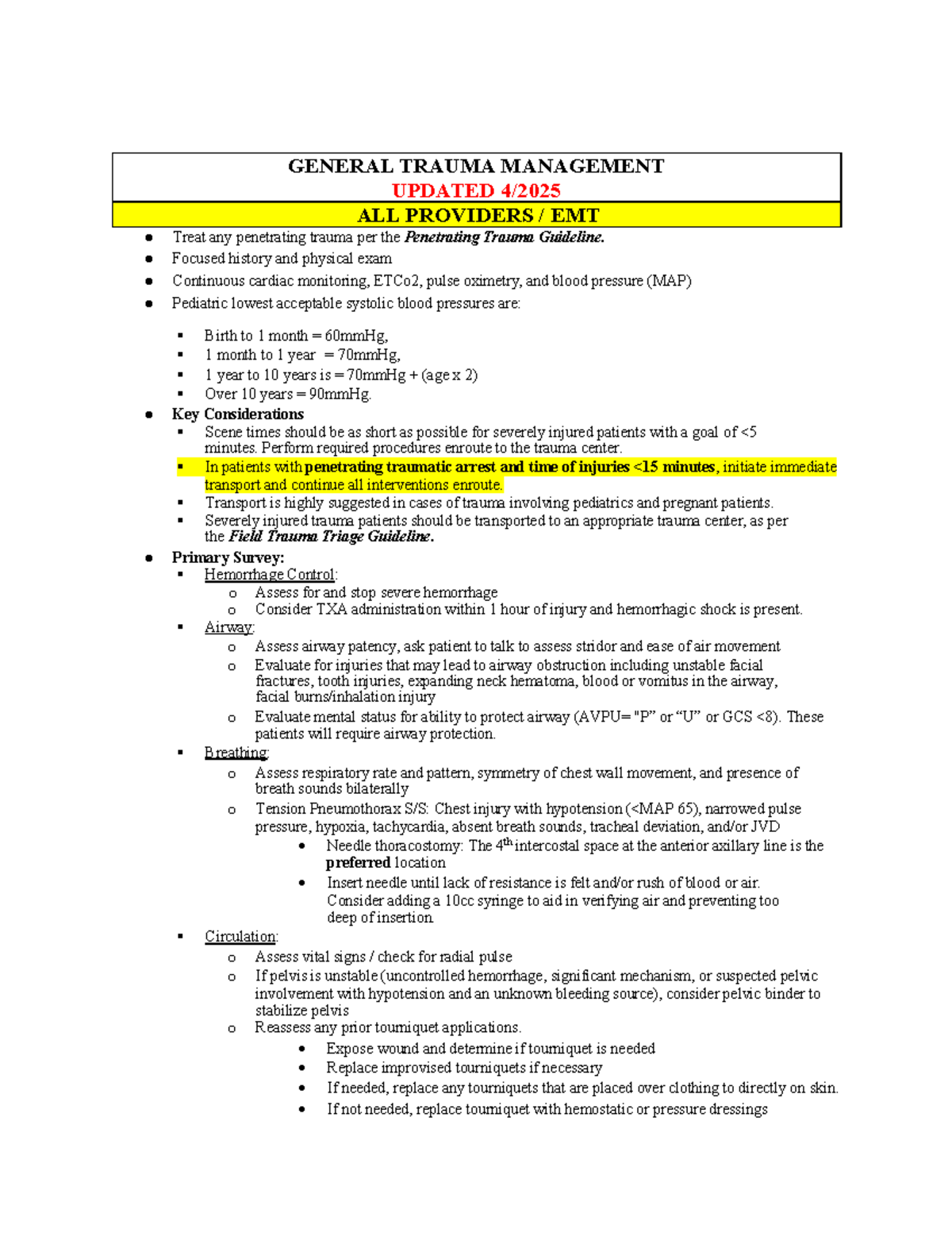 General Trauma Management Guidelines for EMTs (2025) - Studocu