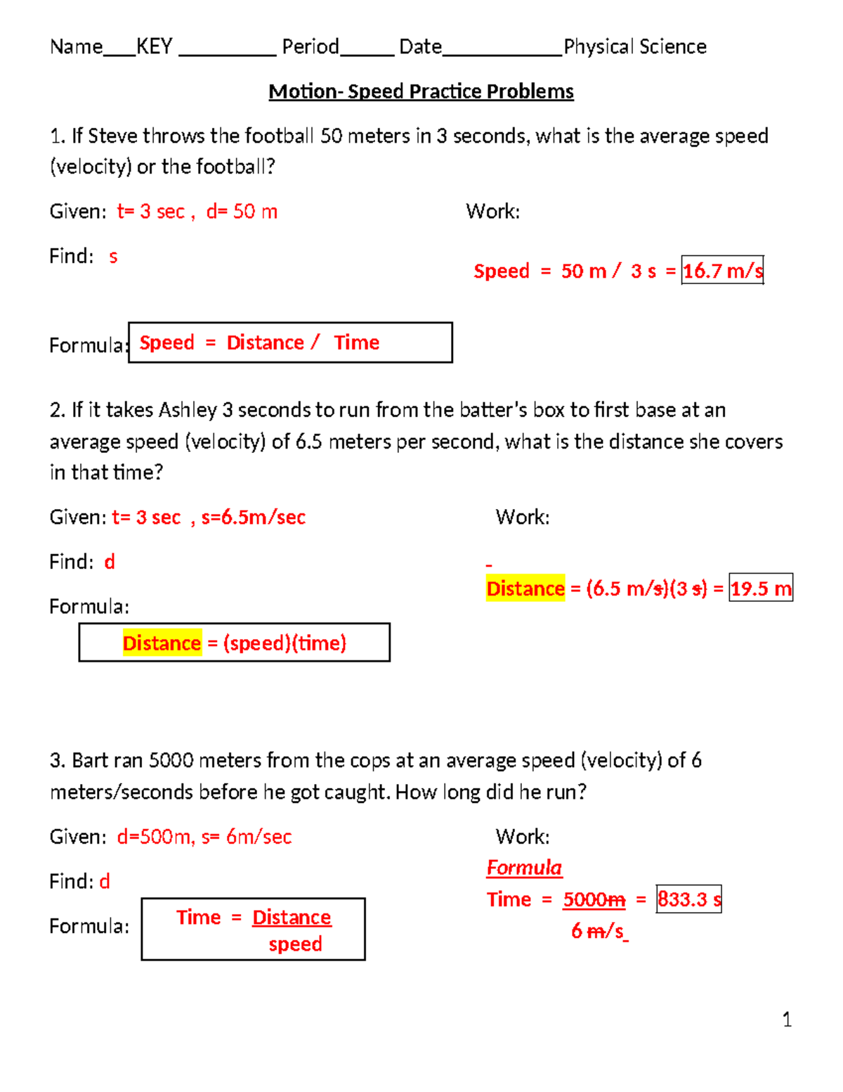 Physical Science 10: Speed Practice Problems KEY - Studocu