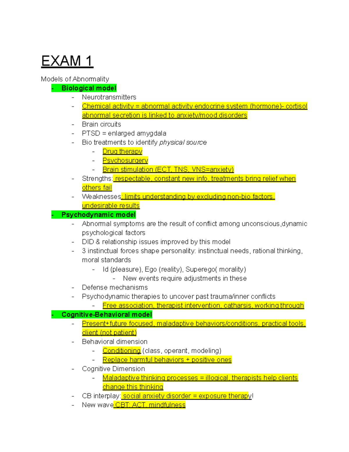 PSYC Final Exam Review: Abnormal Psychology Models & Treatments - Studocu