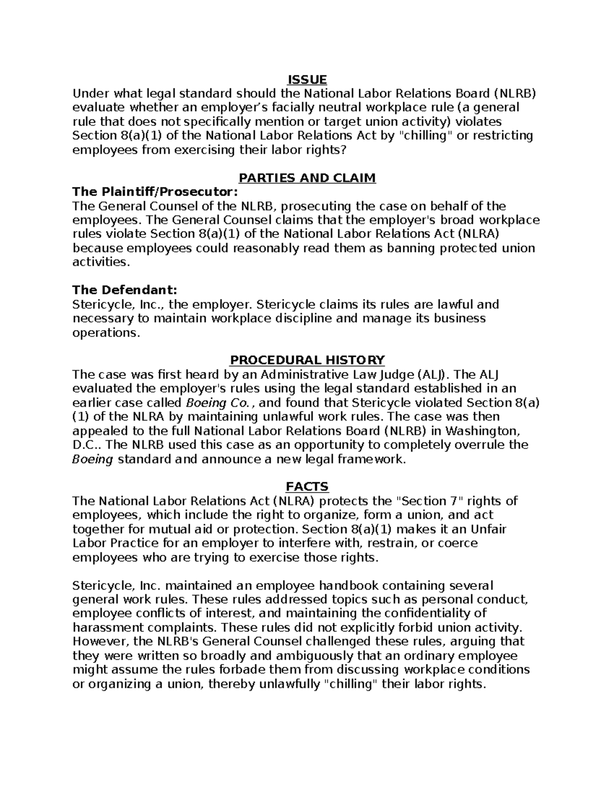 NLRB Case Brief: Stericycle, Inc. and Section 8(a)(1) Analysis - Studocu