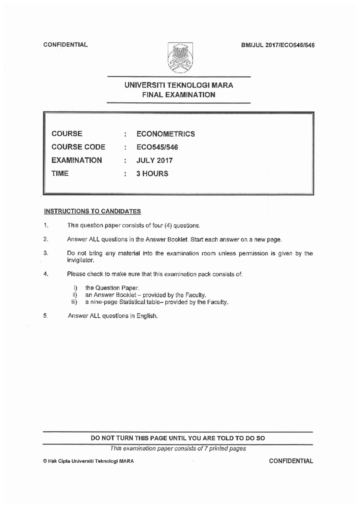 2019 JUNE - Final Exam: Econometrics Course (CONFIDENTIAL) - Studocu