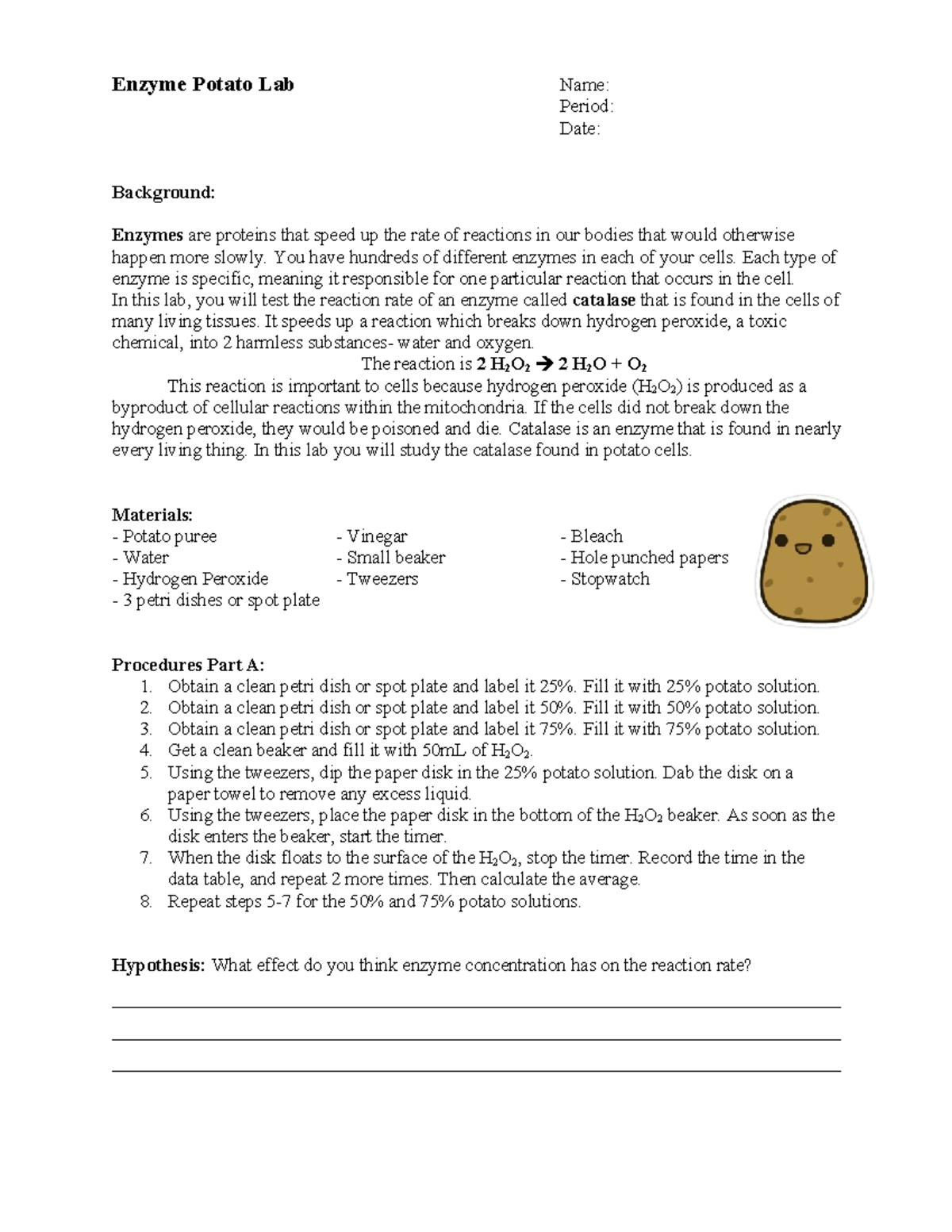 Enzyme Potato Lab (Biology 101) - Reaction Rate Investigation - Studocu