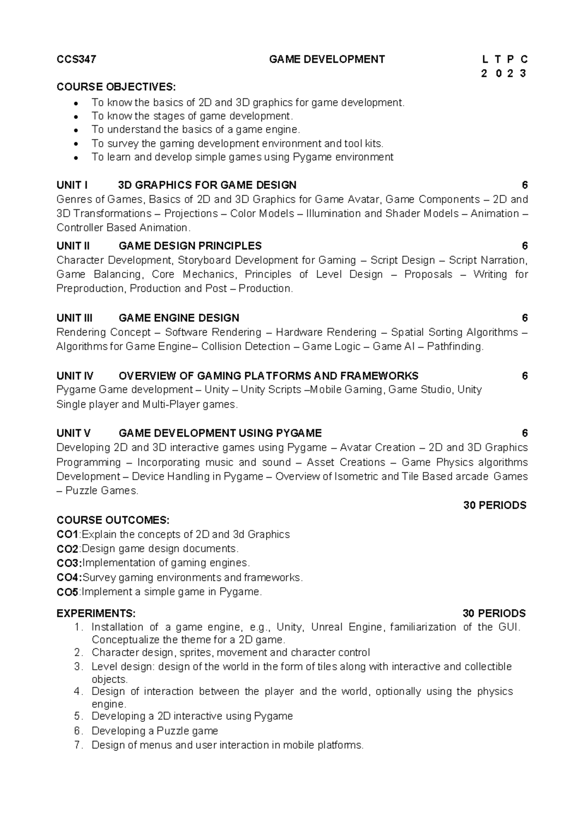 CCS347 - Game Development Syllabus and Course Overview - Studocu