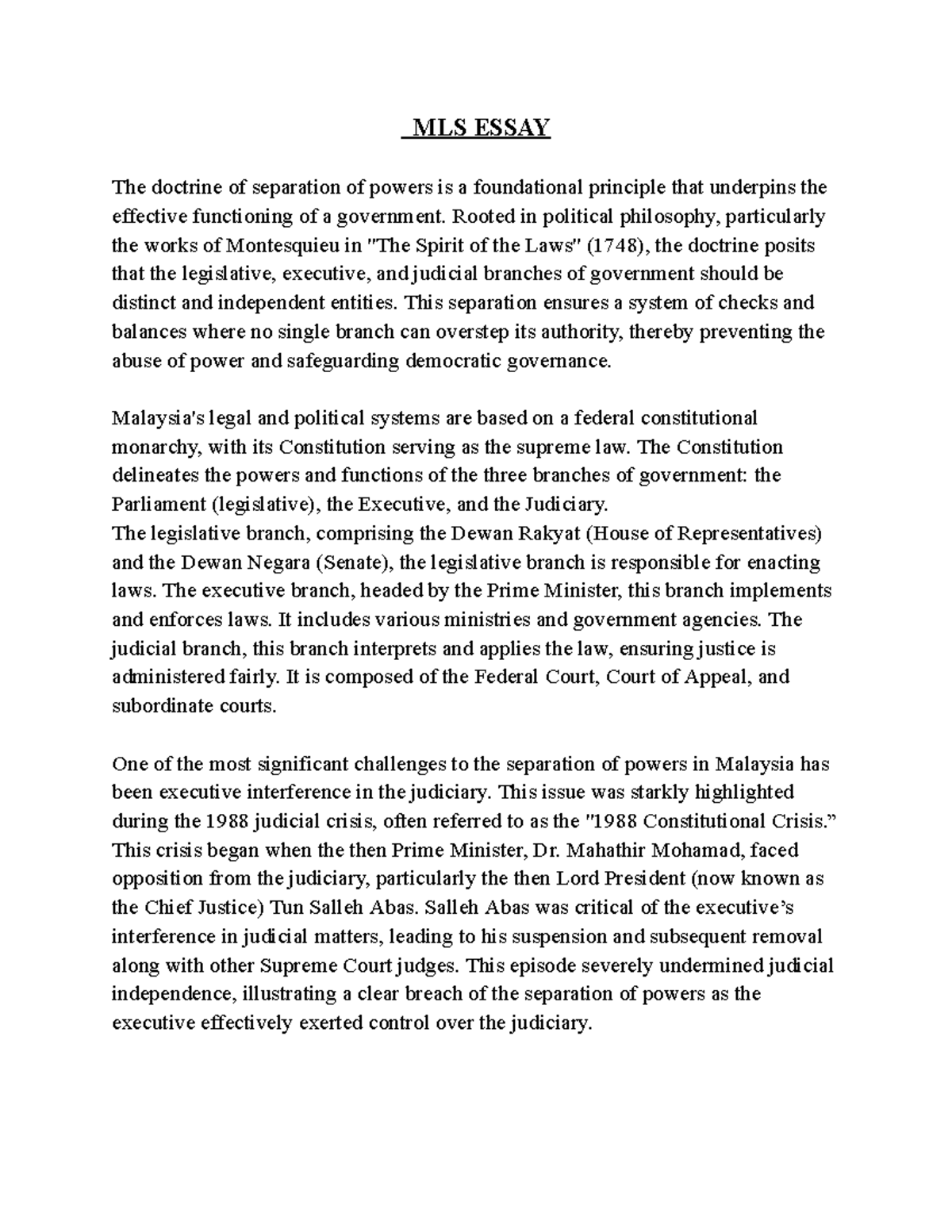 MLS Essay - The Doctrine of Separation of Powers in Malaysia - Studocu