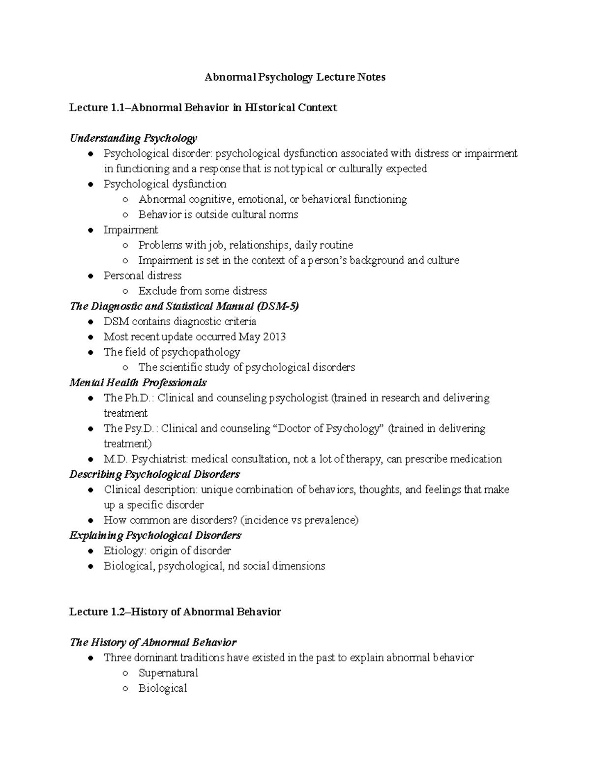 Psci Sci 102C (Ch 1-3) - Abnormal Psychology Lecture Notes Lecture 1 ...