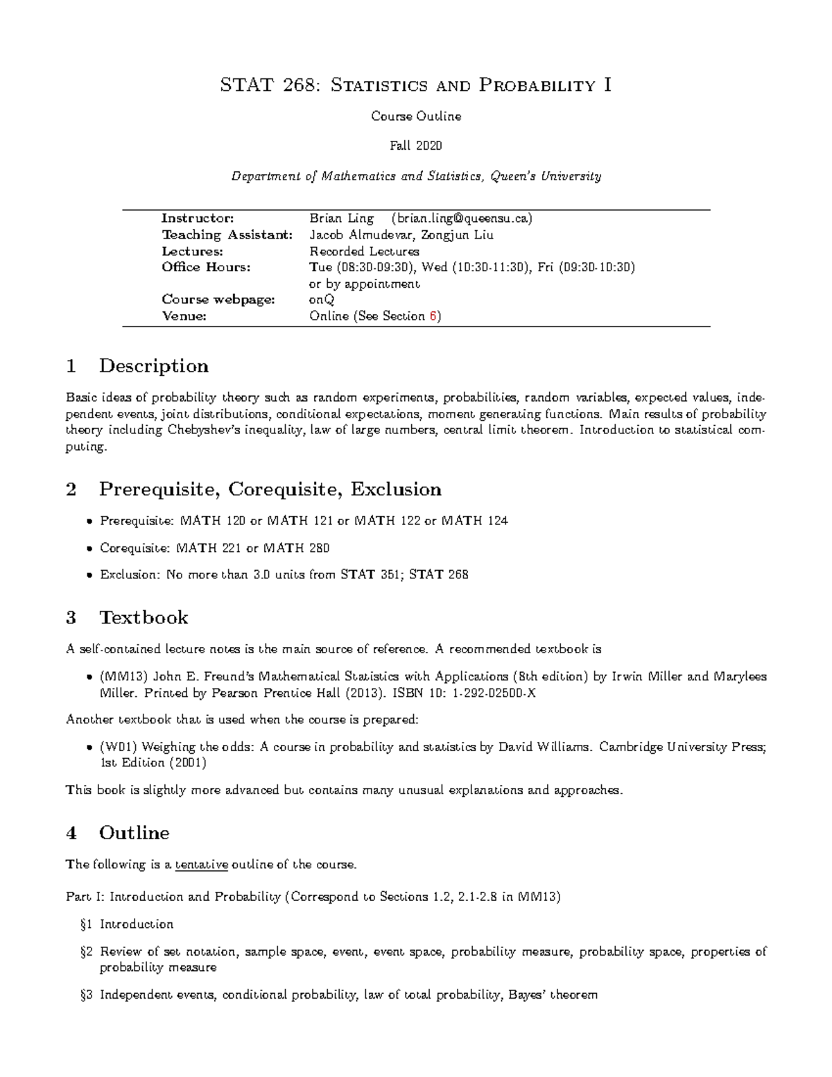 STAT268 Course Outline: Statistics and Probability I (Fall 2020) - Studocu