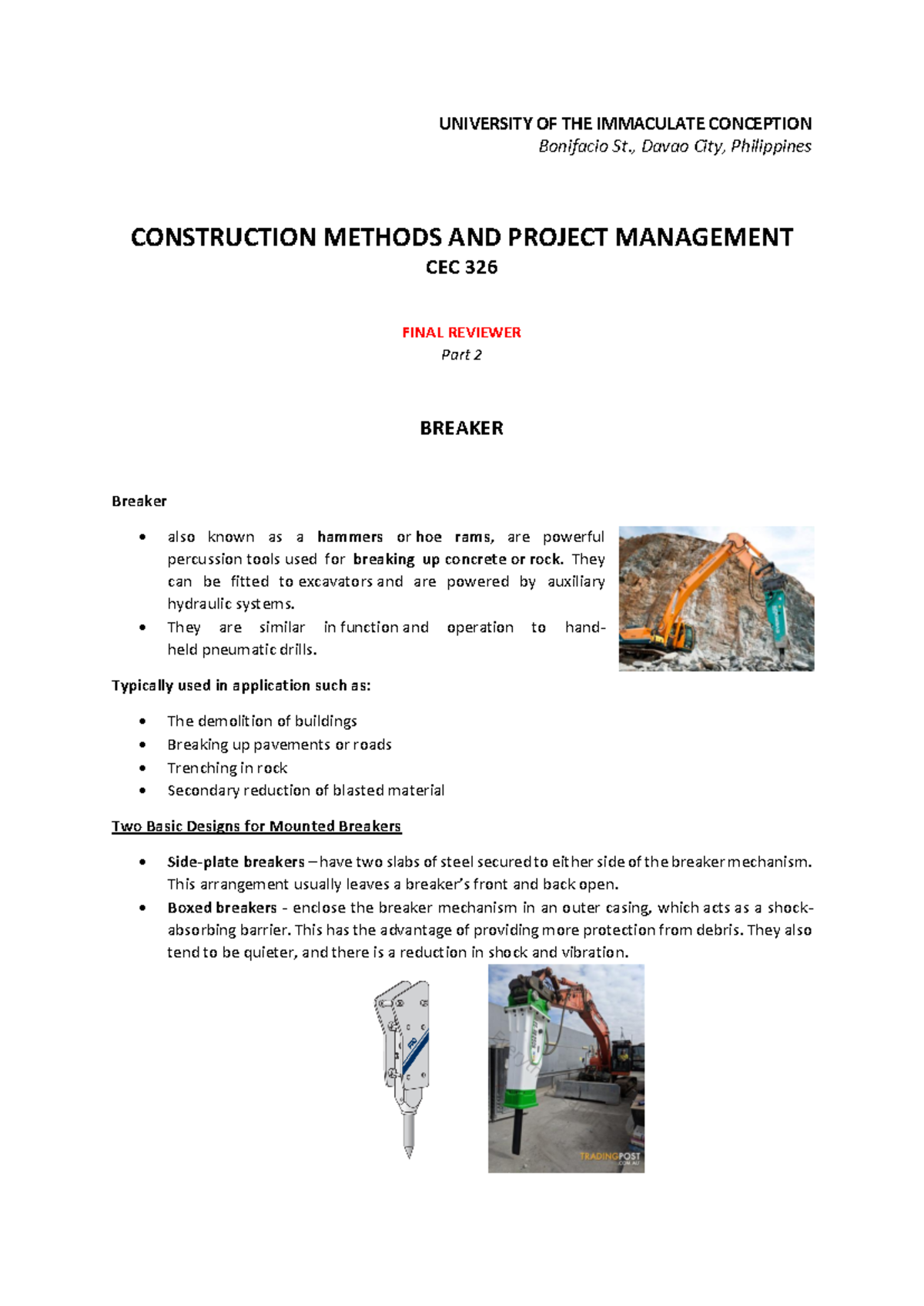 UIC CEC 326 Final Reviewer: Construction Methods & Project Management ...