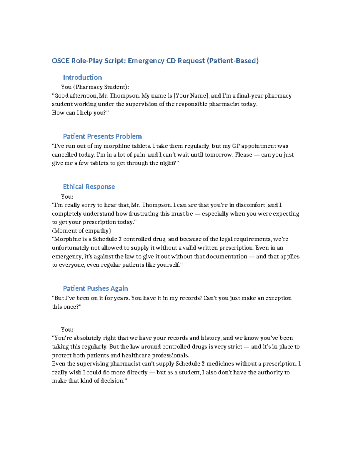 OSCE Role-Play Script: Emergency CD Request for Pharmacy Students - Studocu