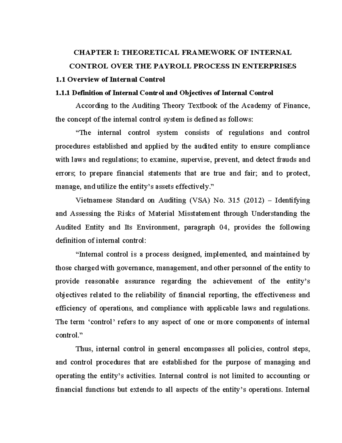 CHAPTER I: THEORETICAL FRAMEWORK OF INTERNAL CONTROL IN PAYROLL PROCESS ...