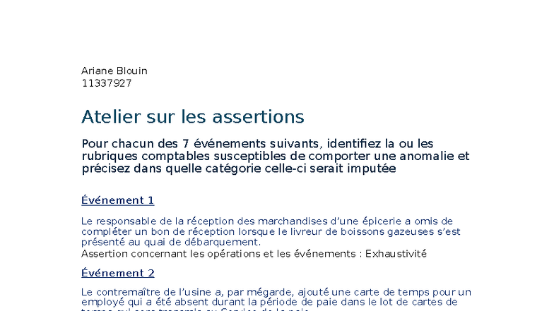 Atelier sur les Assertions - Analyse des Anomalies Comptables - Studocu