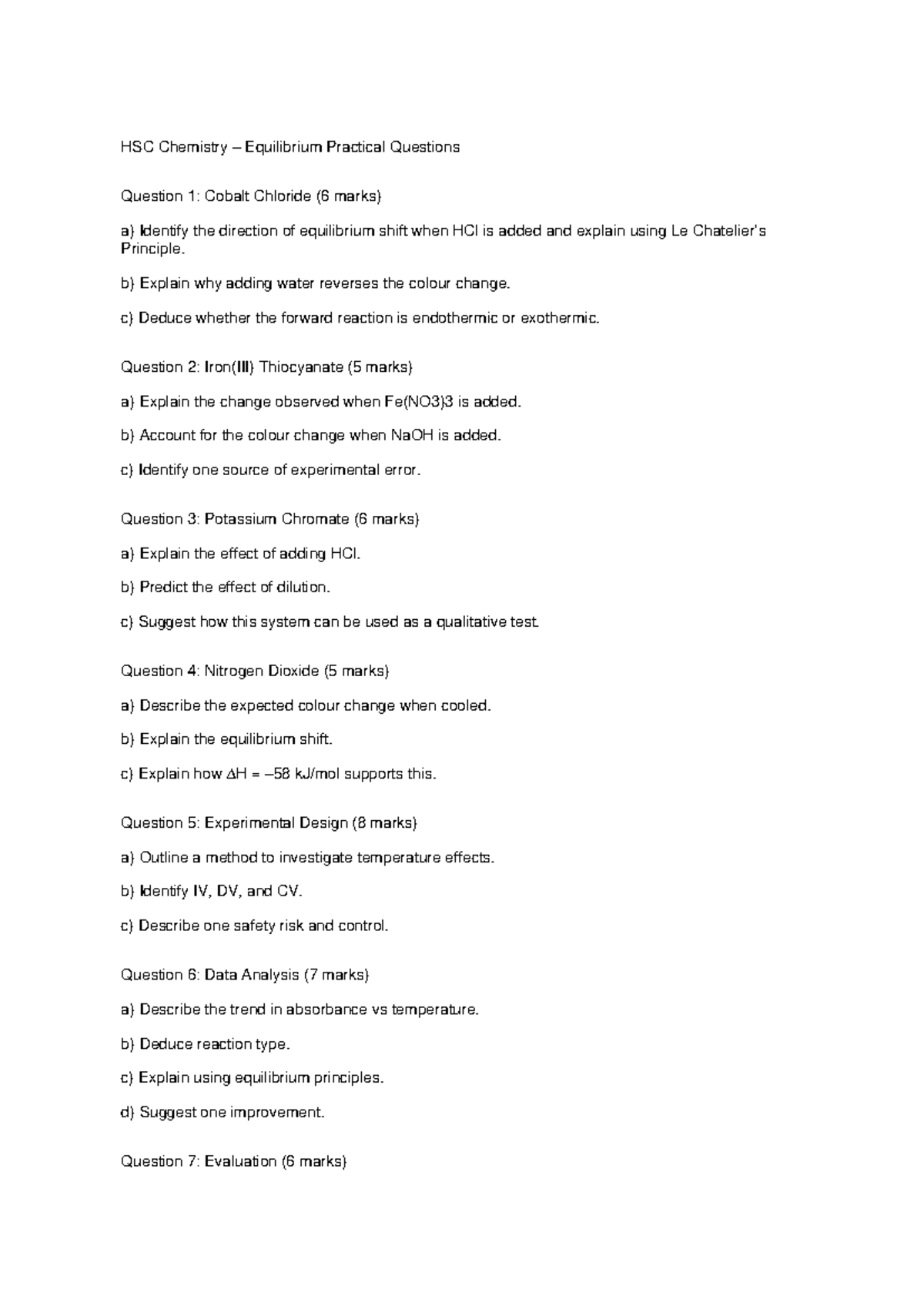HSC Chemistry Practical Questions on Equilibrium Analysis - Studocu