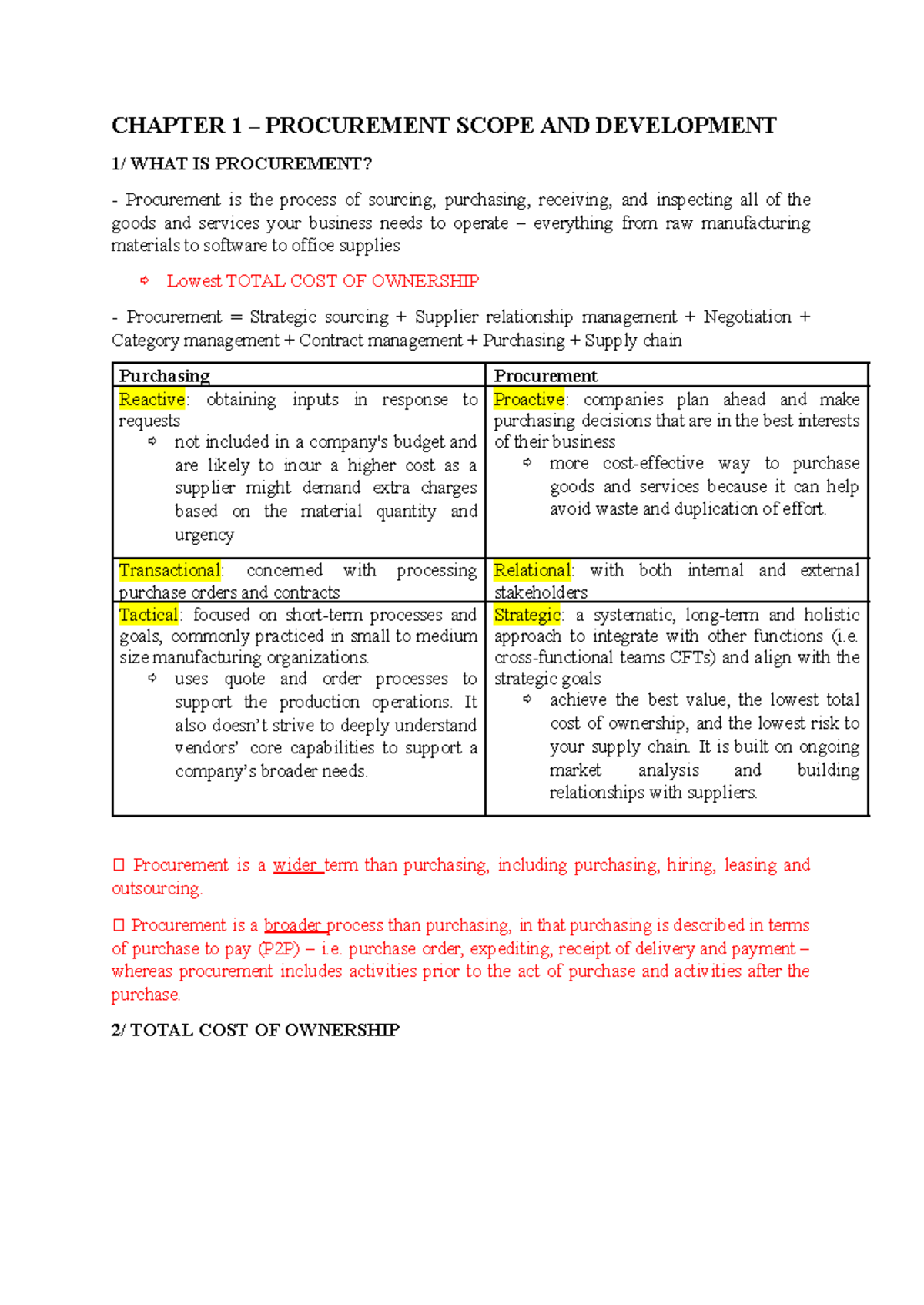 CHAPTER 1: PROCUREMENT SCOPE AND TOTAL COST OF OWNERSHIP - Studocu