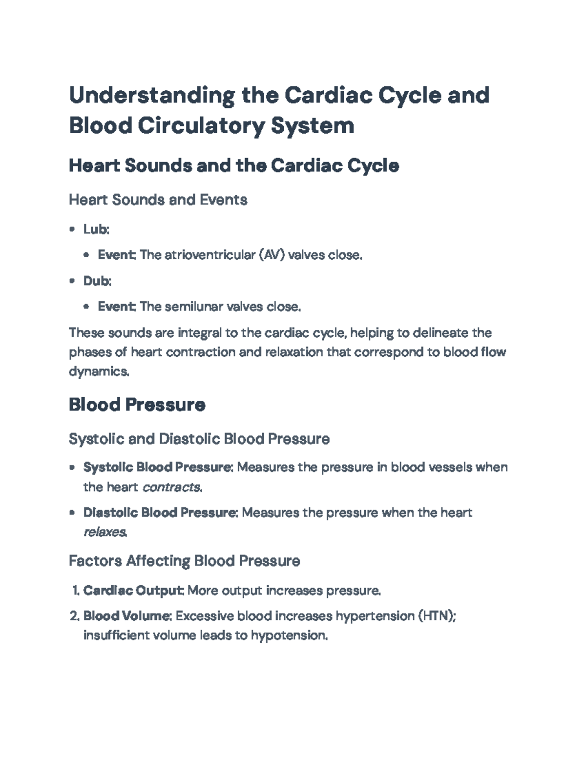 Cardiac Cycle & Blood Circulatory System Notes (BIO 101 ...