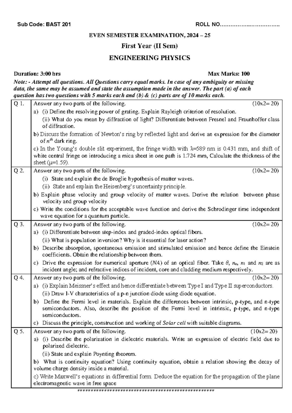 Engineering Physics II Sem Exam Paper BAST 201, 2024-25 - Studocu
