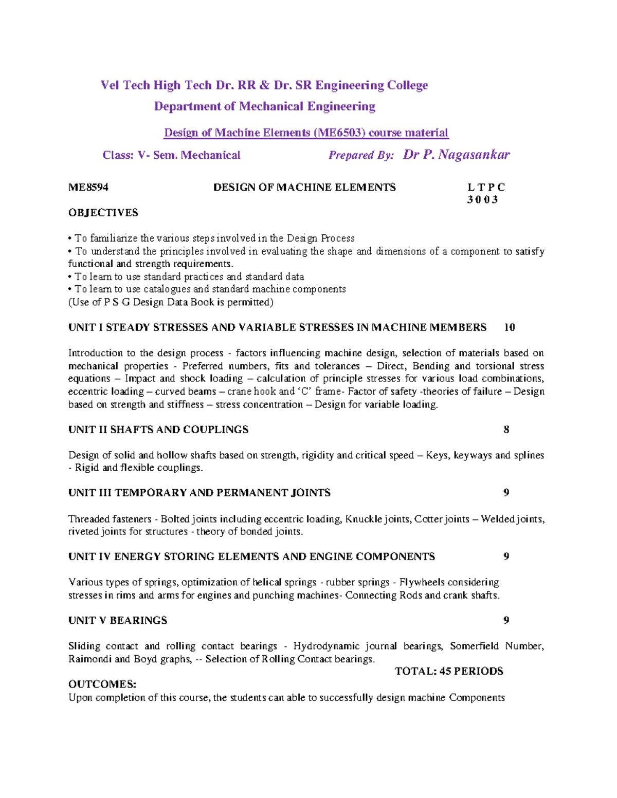 ME6503 Design of Machine Elements: Course Material & Concepts - Studocu