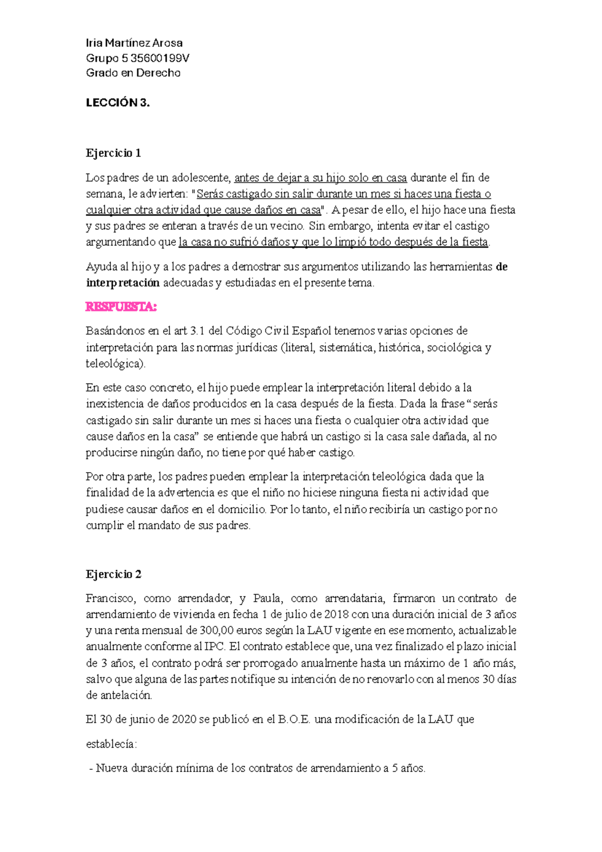 35600199V Grado en Derecho: Lección 3 - Ejercicios de Interpretación ...
