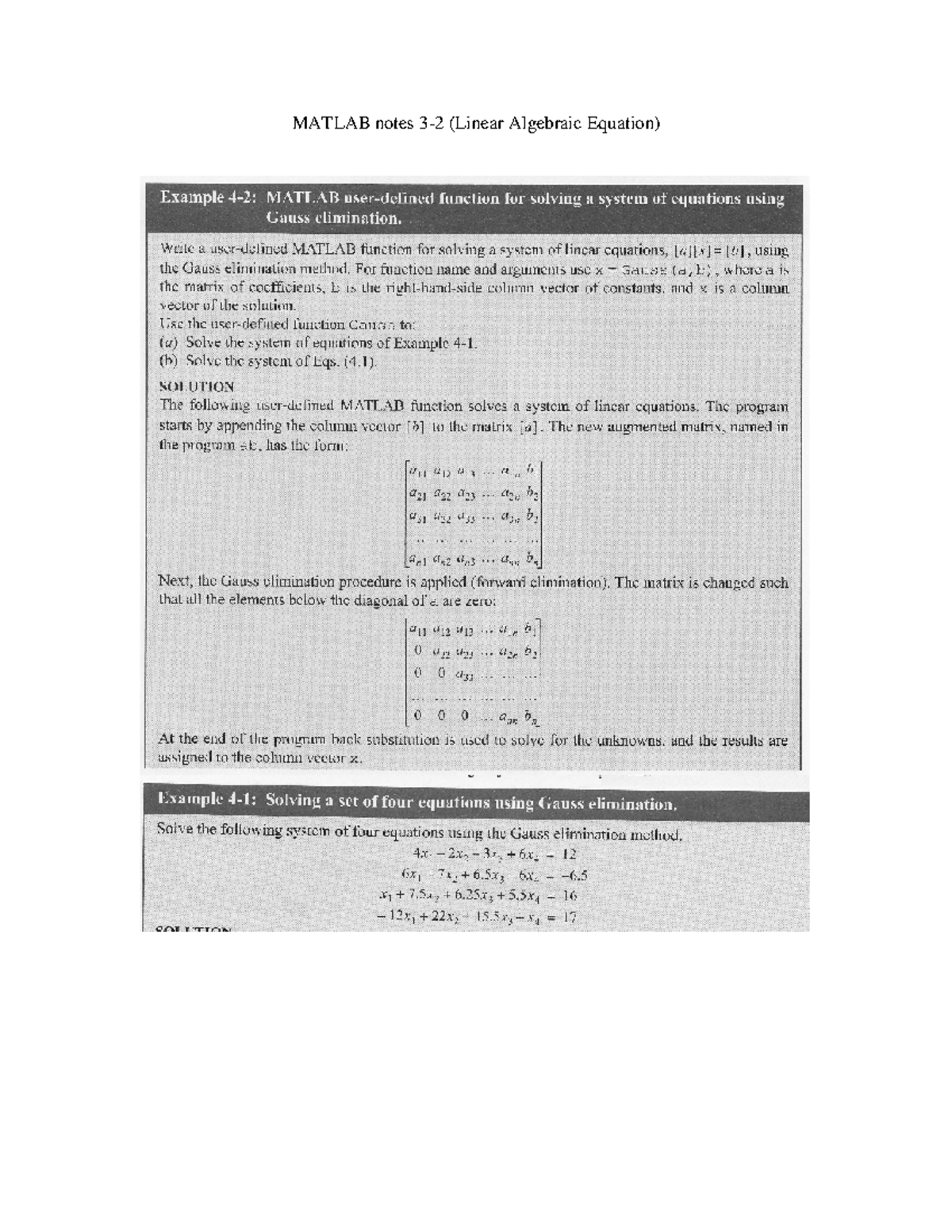 MATLAB Notes 3 2: Solving Linear Equations with Gauss Elimination - Studocu