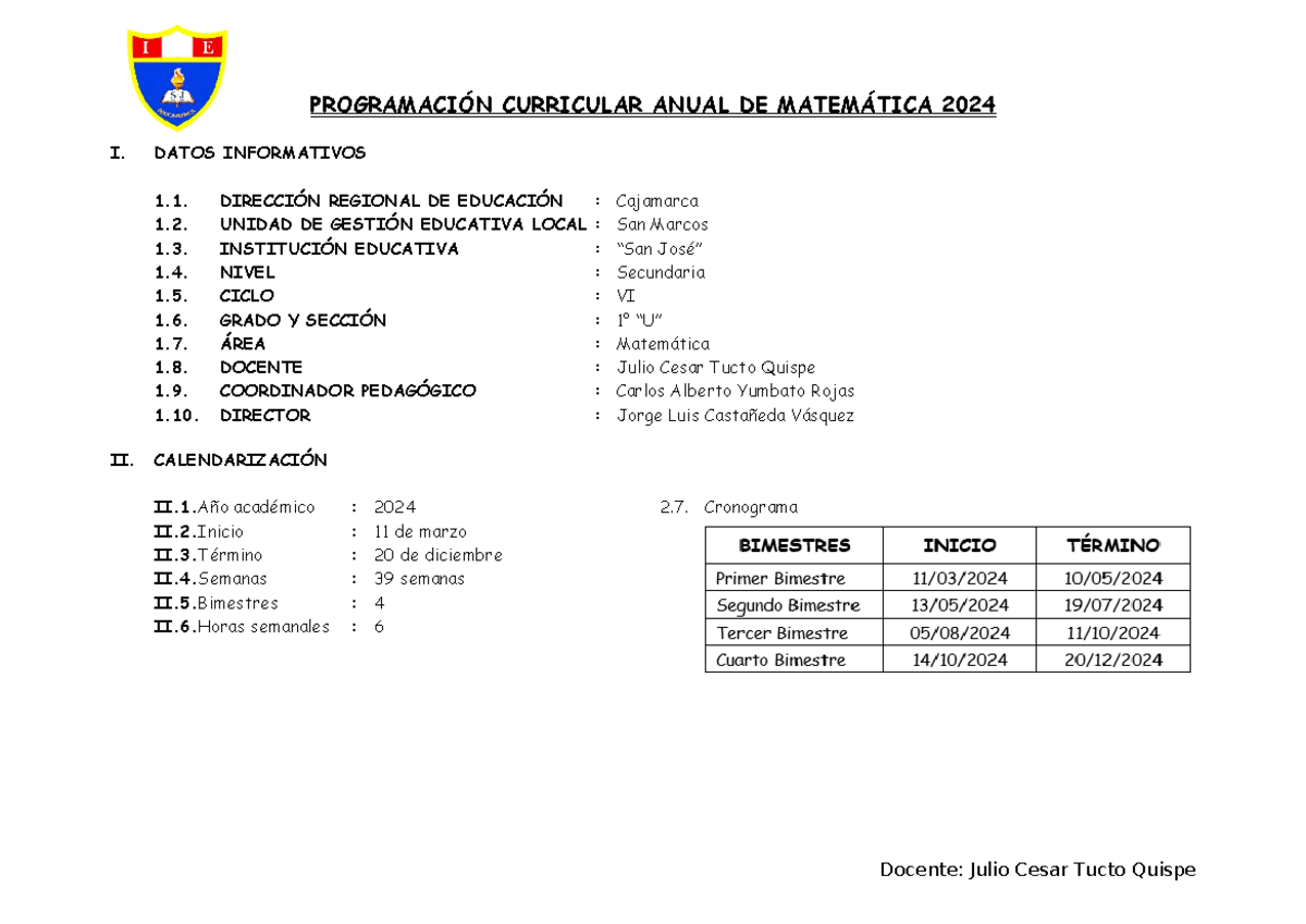 Programacion Anual 2024 Primero - PROGRAMACIÓN CURRICULAR ANUAL DE ...